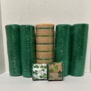 4 Green Deco Mesh 1 Tan Deco Mesh 2 Rolls of St Patrick Ribbon NIP
